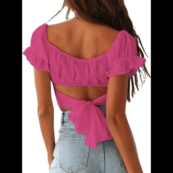 Women’s Ruffle Short Sleeve Tie Up Back Crop Top - Picture 2 of 8
